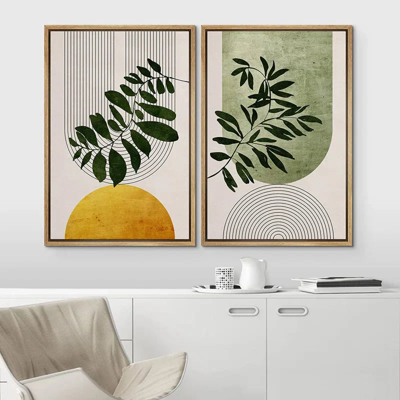 Mid-Century Geometric Forest Plant Leaf - 2 Piece Floater Frame Print Set on Canvas